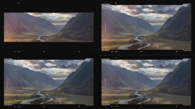 在山脉之间的Chulyshman河通过照相机观看