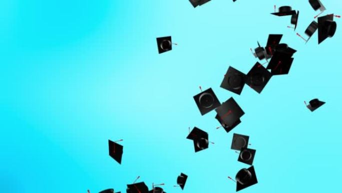 毕业帽和书籍落在蓝色背景上的动画。教育和学习。