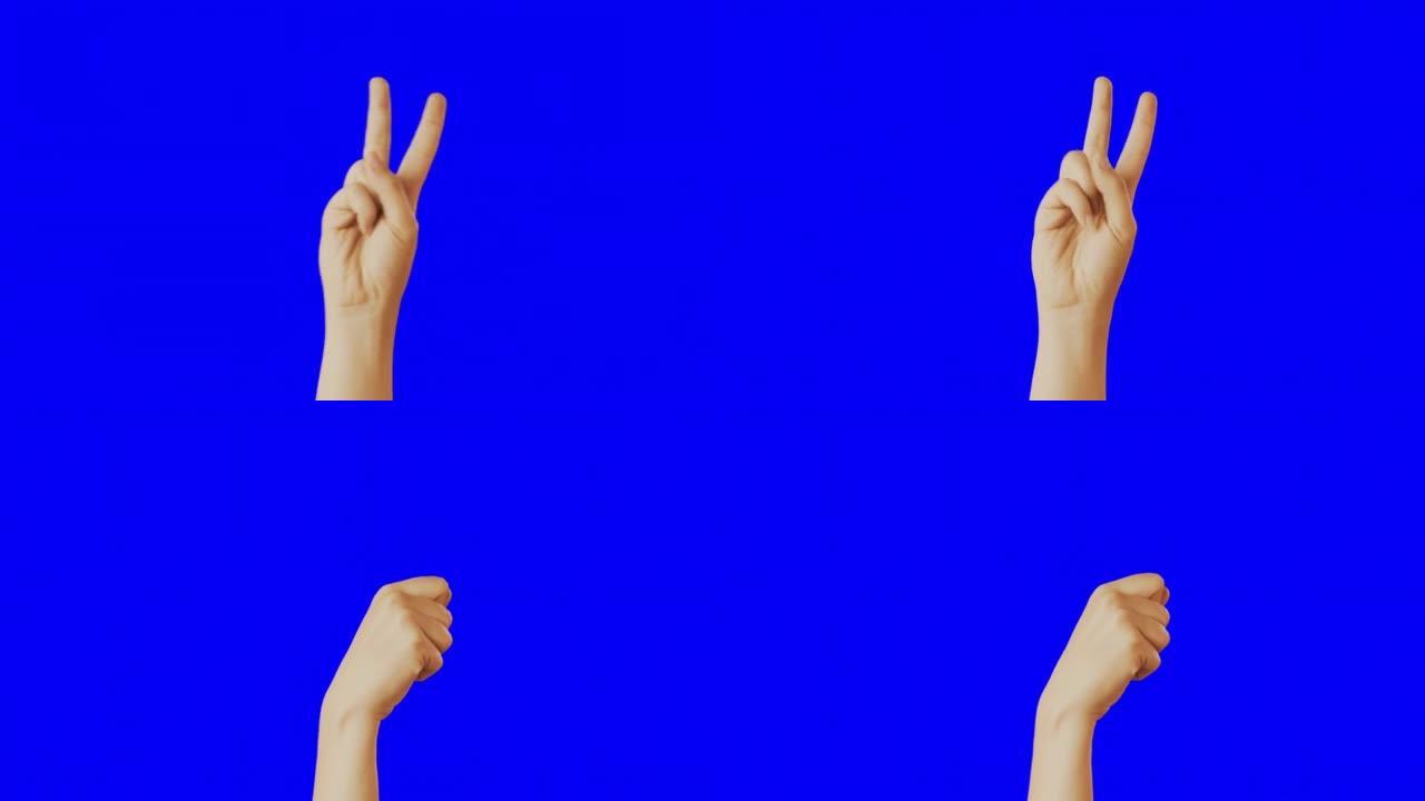 在蓝色背景上显示胜利或和平标志的手