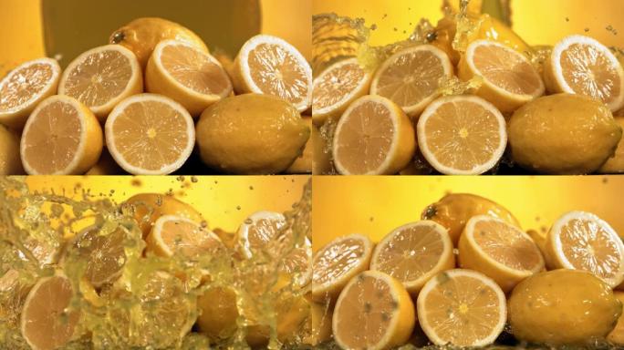 柠檬汁溅过柠檬片的慢动作镜头
