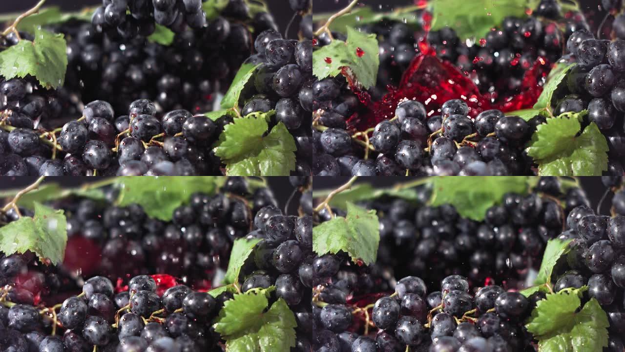 黑葡萄在果汁中掉落，在黑葡萄中飞溅。慢动作。
