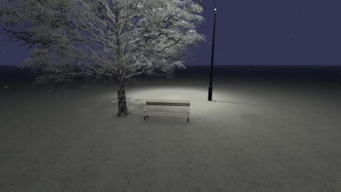 树下的长凳和降雪中的灯笼。3d渲染