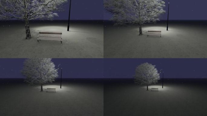 树下的长凳和降雪中的灯笼。3d渲染