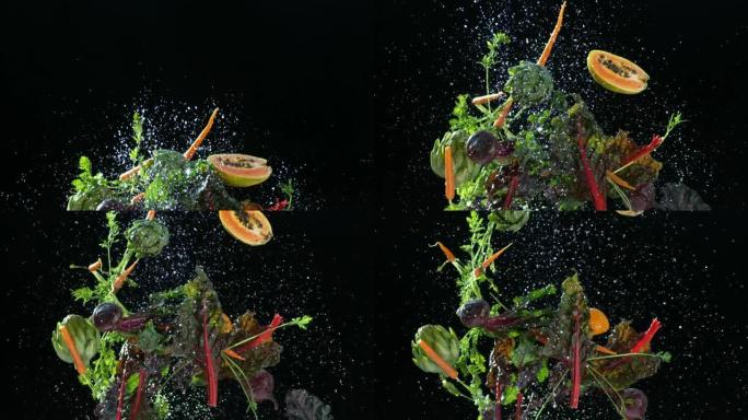 水果和蔬菜在慢动作中飞舞和飞溅。用幻影弹性4k相机拍摄。