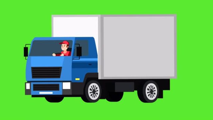 卡通平面孤立蓝色卡车汽车动画与男人角色司机
