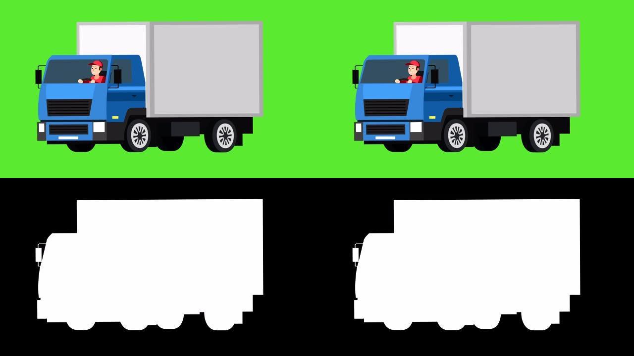 卡通平面孤立蓝色卡车汽车动画与男人角色司机
