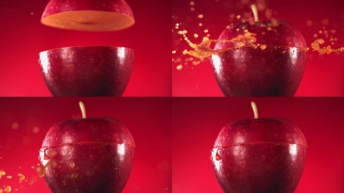半红苹果掉落并溅到紫红色背景上。食物悬浮概念。慢动作
