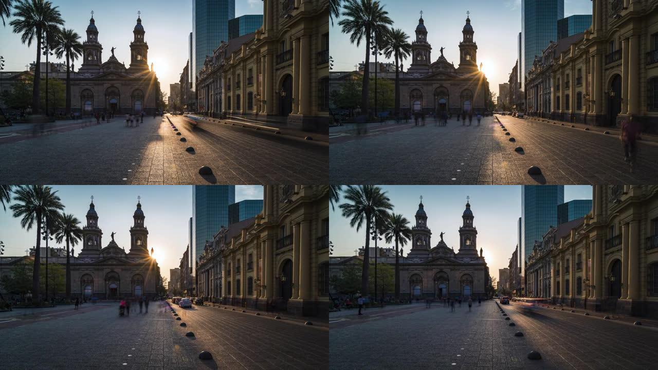 智利圣地亚哥市中心阿玛斯广场历史地标圣地亚哥大都会大教堂的延时视图