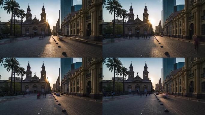 智利圣地亚哥市中心阿玛斯广场历史地标圣地亚哥大都会大教堂的延时视图