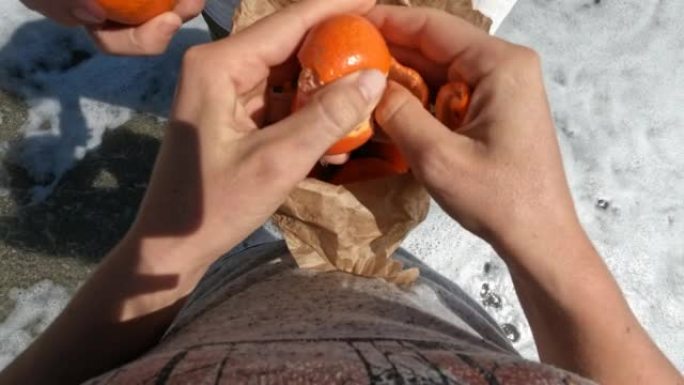刚刚从袋子里取出的去皮橙子的手的细节