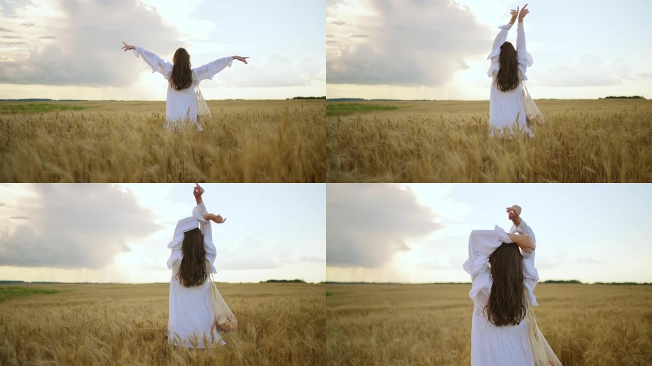 女人在农田里，站在金色成熟的黑麦里，举起手来，后视，欣赏和欣赏自然美景