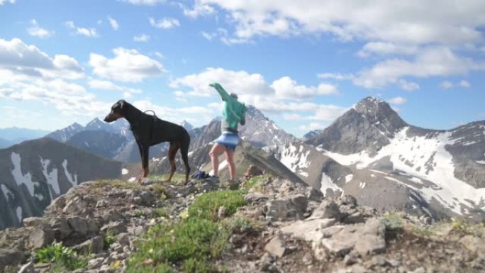 女徒步旅行者和宠物狗在山顶上享受时光