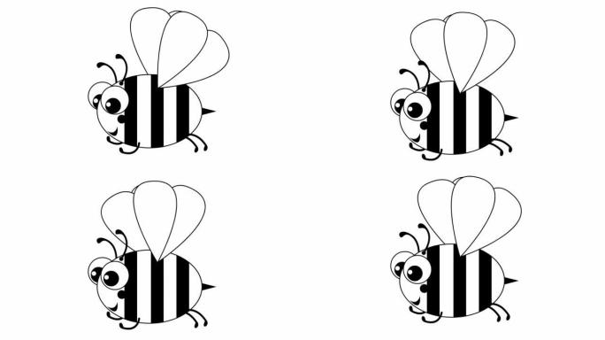 动画黑白搞笑蜜蜂。蜜蜂会飞。循环视频。孤立在白色背景上的平面矢量插图。