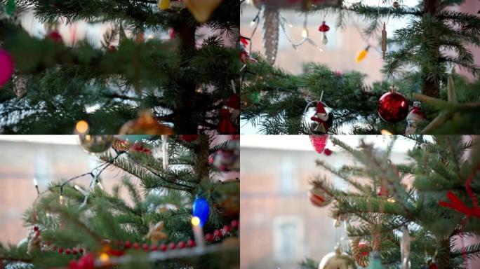 装饰有小玩意和灯光的发光圣诞树