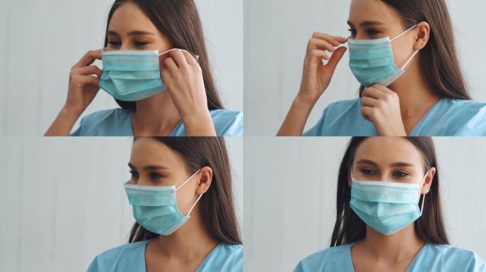 美丽的女病人戴着防护口罩。