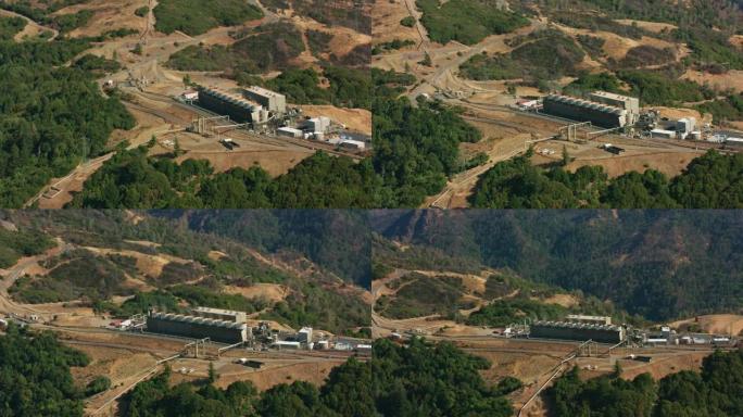 2021年左右，加利福尼亚州盖瑟维尔: 地热发电厂的鸟瞰图。用红色8K直升机拍摄的Cineflex。