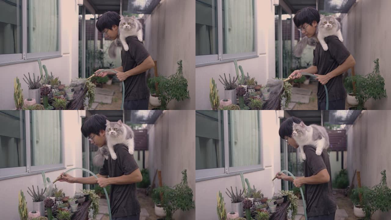 男人和他的猫在户外花园里浇水