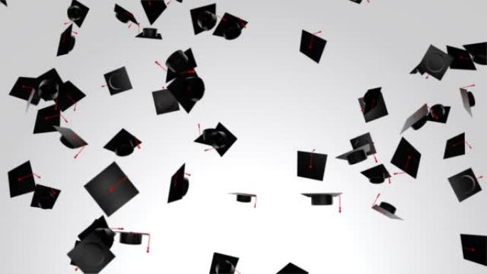 空中背景下的毕业帽子的3D 4k动画。大学毕业