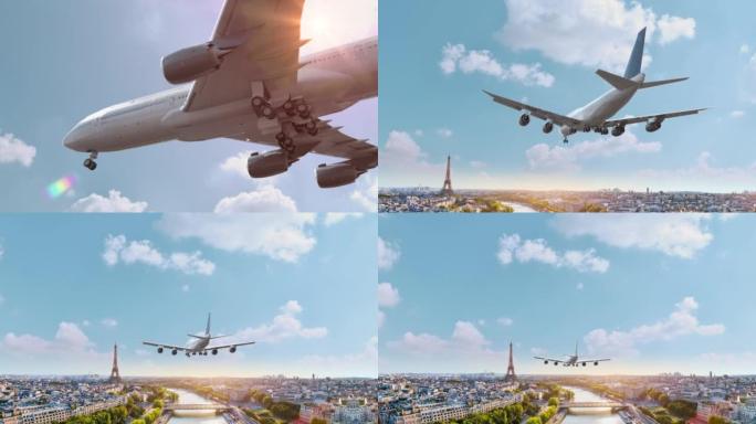 客机飞行和降落巴黎法国埃菲尔铁塔。飞机概念