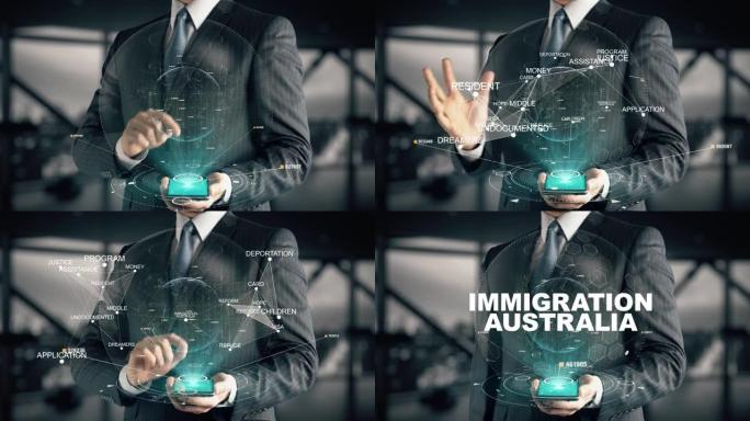 具有澳大利亚移民全息图概念的商人