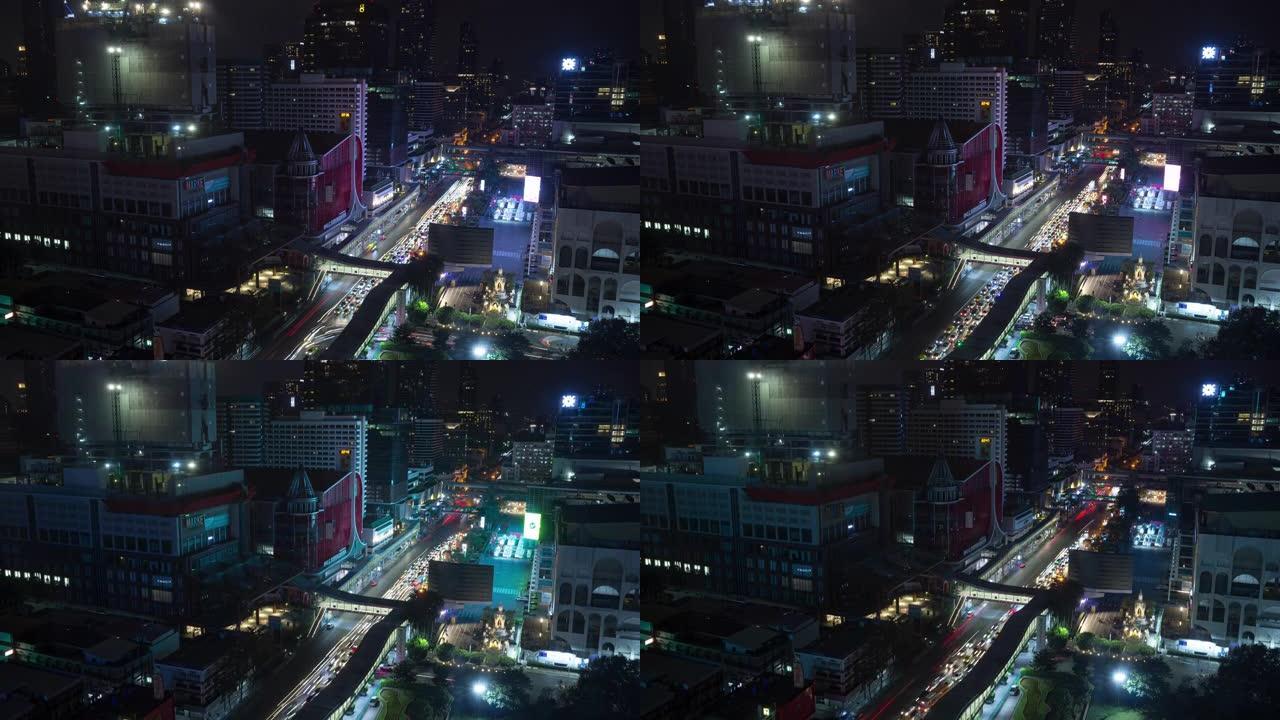 曼谷城市景观夜光交通街著名购物中心屋顶全景4k延时泰国