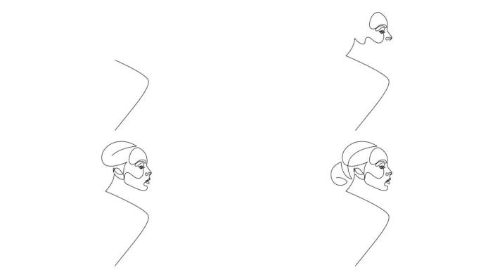 女性脸部单线绘制的自画动画。美丽的女人肖像，侧视图。