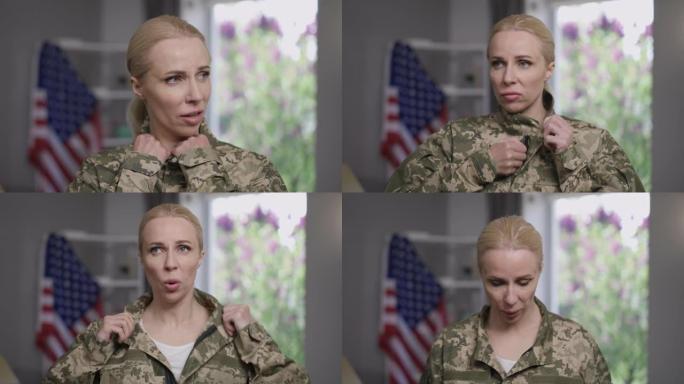 特写肖像焦虑的军事妇女与创伤后应激障碍解开拉链伪装制服呼吸迅速。年轻漂亮的女兵在室内表现出精神紊乱的