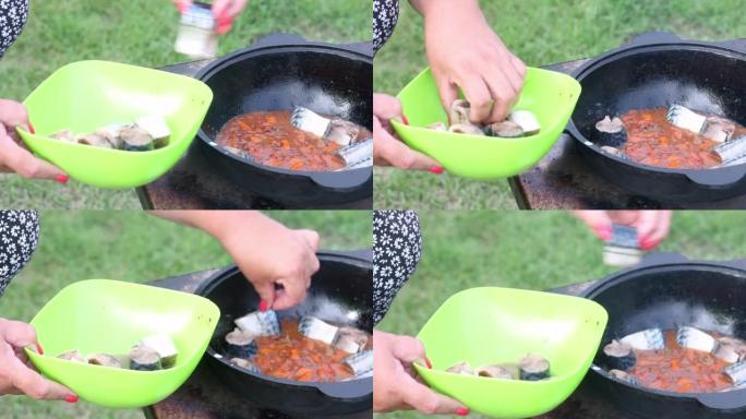一个女人把鲭鱼放在装有蔬菜的铸铁大锅中。在户外准备食物。