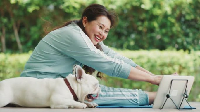 微笑的女人和可爱的法国斗牛犬一起享受瑜伽。