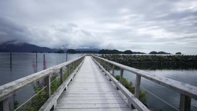 在阴天，海湾和山脉附近的一座桥的旅行景色