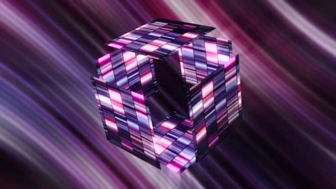 奢侈的立方体神器，神秘的潘多拉魔盒。动。条纹闪烁背景上的3D打开发光数字盒子。