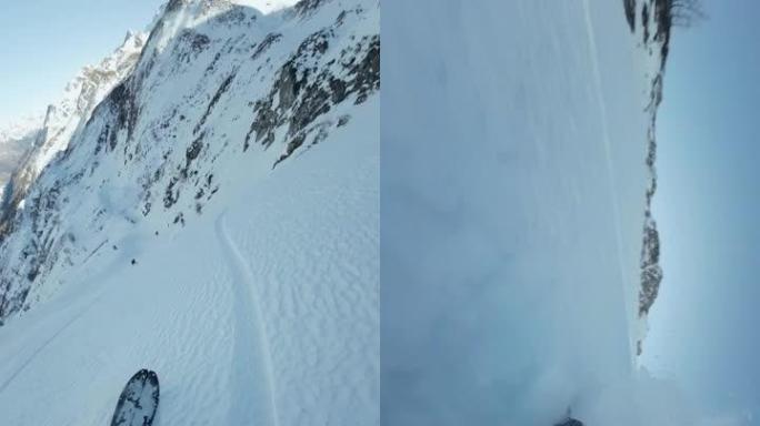 第一人称视角滑雪板穿过粉末雪，在慢动作中首先撞到落石