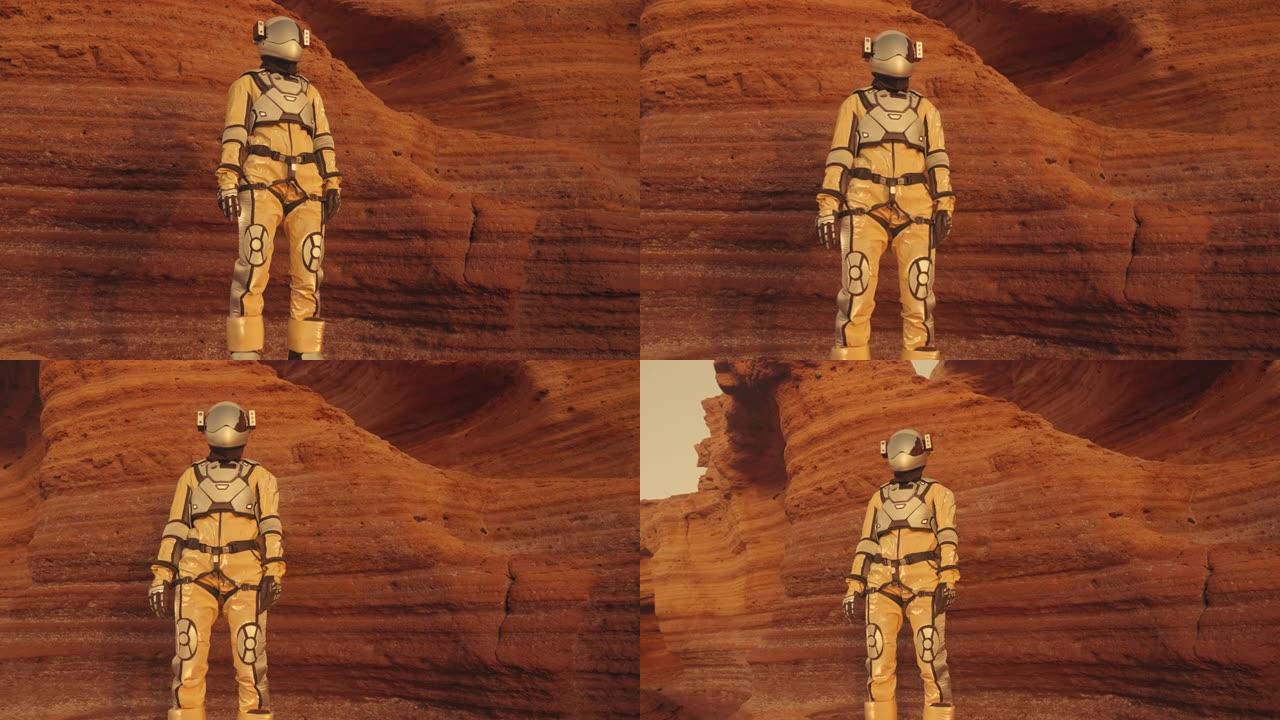 在火星上散步。女宇航员探索铁锈色的洞穴和岩石。触摸石墙，攀登