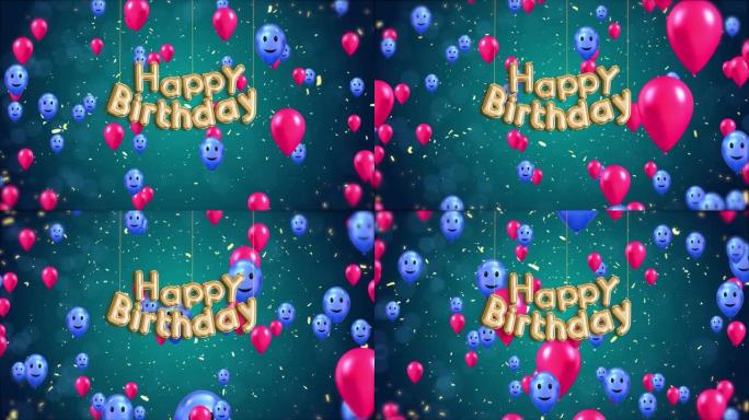 4k循环生日快乐问候动画与气球。蓝色背景的生日快乐文本。