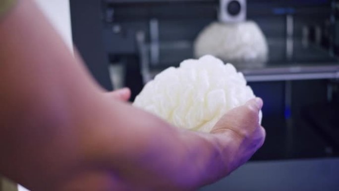 男性手握并检查3D大脑模型，而3D打印机正在构建另一个
