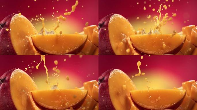 芒果汁溅过芒果片的慢动作镜头