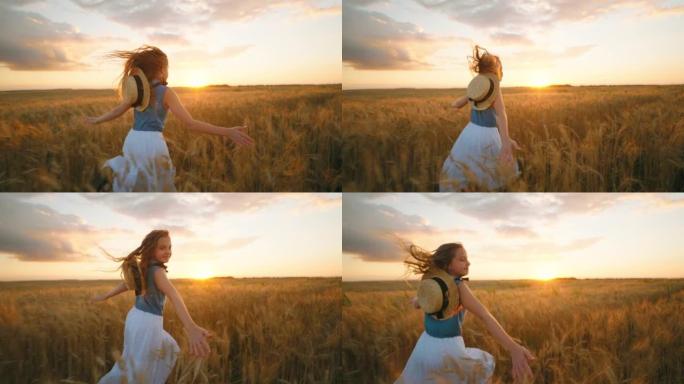 迷人的小女孩在风景如画的日落时间在金色的黑麦球场上奔跑，慢动作拍摄