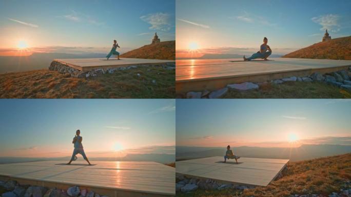 CS女人在夕阳西下的山上做瑜伽