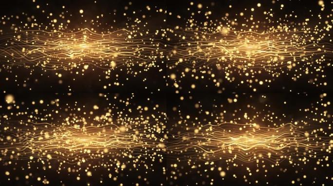 4k环形波浪图案动画。虚线金色闪光粒子循环背景。
