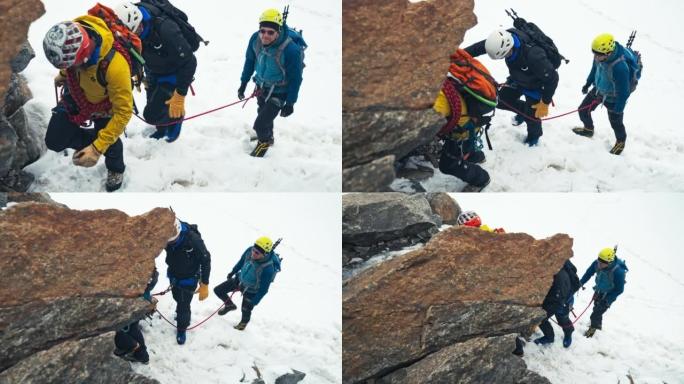 欧洲阿尔卑斯山山坡上的高级登山者团队。准备工作。设备详细信息关闭