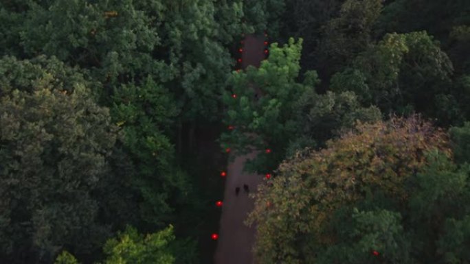 华沙公园的夏季景观。带有红灯笼的小巷的无人机视图