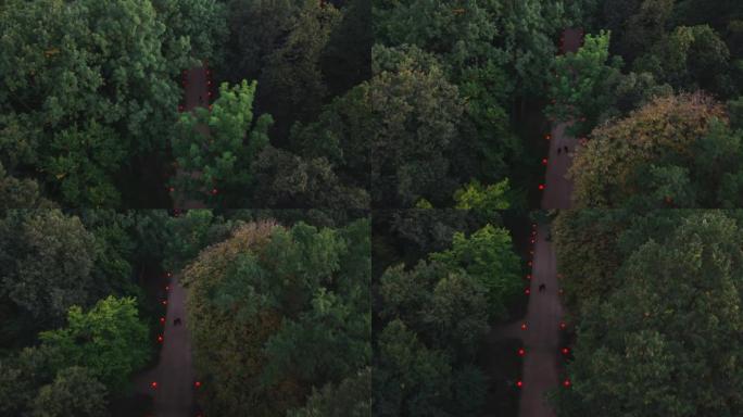 华沙公园的夏季景观。带有红灯笼的小巷的无人机视图