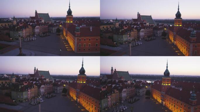 遥远天际线的华沙老城鸟瞰图。日落之后的城堡广场