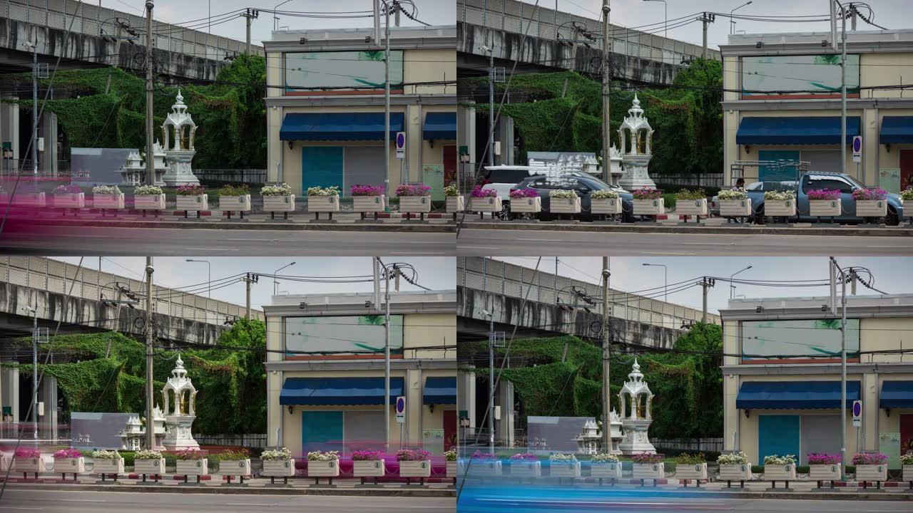 曼谷城市交通街寺庙纪念碑全景4k延时泰国