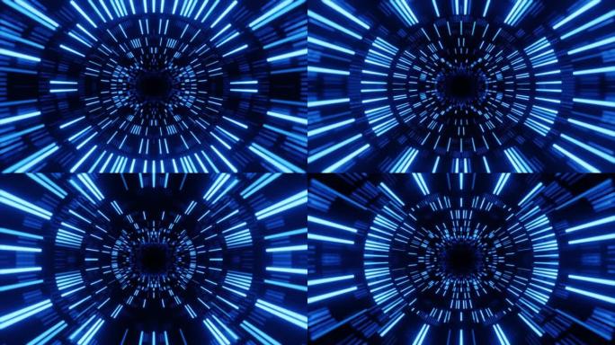 4k无缝循环动画。飞过霓虹灯图案、科幻发光图案的镜像对称隧道。明亮的反射霓虹灯。简单明亮的背景，科幻