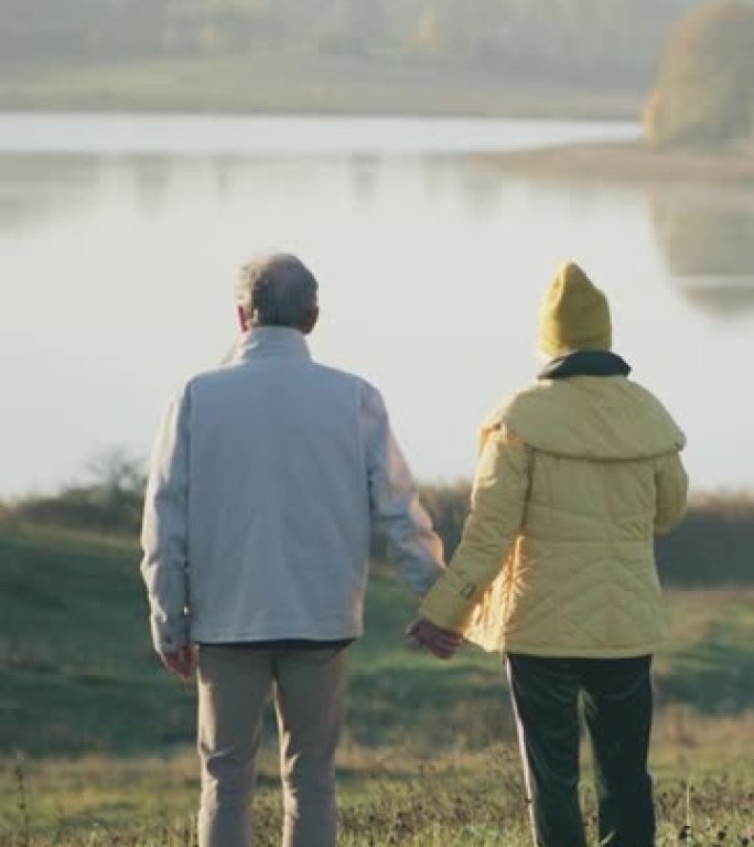 慈爱的老年夫妇在湖边牵着手欣赏垂直视频