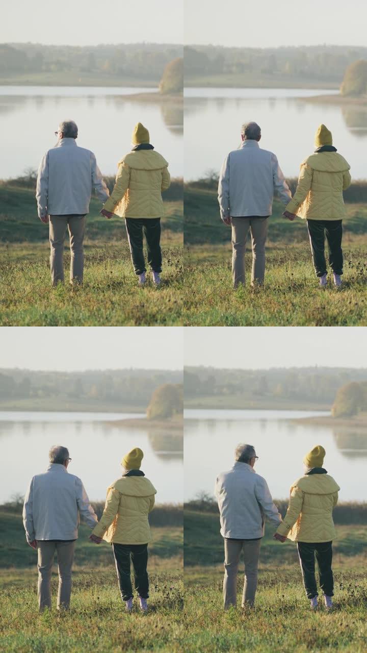 慈爱的老年夫妇在湖边牵着手欣赏垂直视频