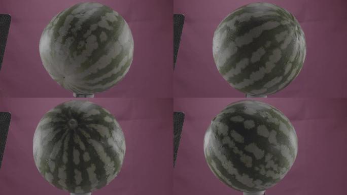 紫红色屏幕上的带环旋转的西瓜色度键