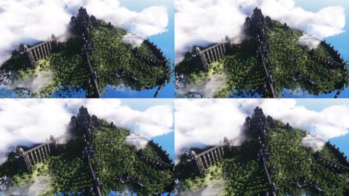 幻想仙女赛博朋克城堡，海洋中的宫殿。世界末日后的概念。动态树。逼真的4k动画。