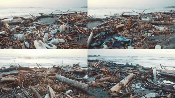 塑料瓶，袋子和其他垃圾倾倒在黑海滩和海洋中。环境污染问题概念。